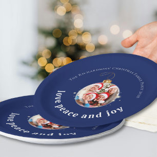 Blue Christmas Family Photo Love Peace Joy Holiday Paper Plate