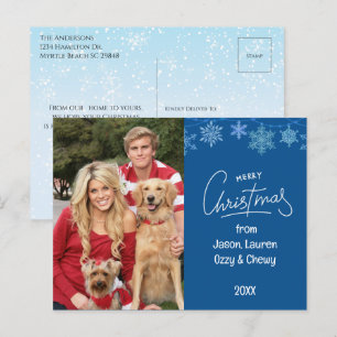 Blue Christmas Family Photo Pets Message Holiday Postcard