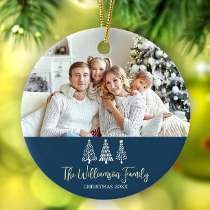 Blue Christmas Family Photo Stylish Trees Script Ceramic Ornament