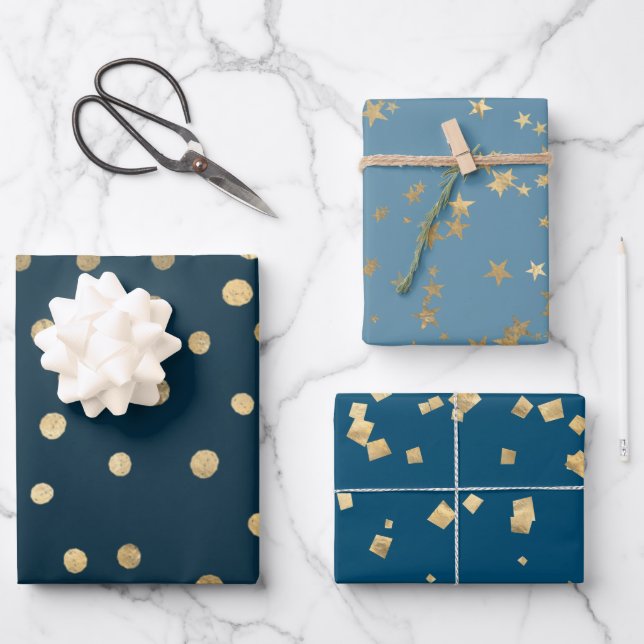 Blue Christmas Faux Gold Foil Holiday Wrapping Paper Sheet (Front)