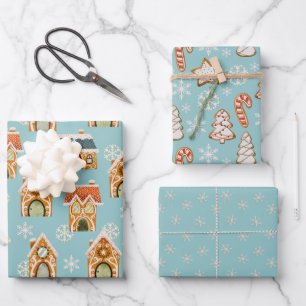 Blue Christmas Gingerbread Cookies Snowflakes Wrapping Paper Sheet