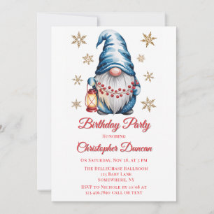 Blue Christmas Gnome Boy Birthday Party Invitation