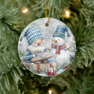 Blue Christmas Gnome  Ceramic Ornament