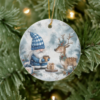 Blue Christmas Gnome  Ceramic Ornament