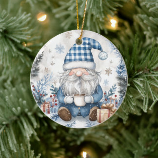 Blue Christmas Gnome  Ceramic Ornament