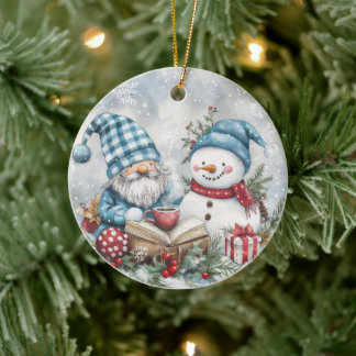 Blue Christmas Gnome  Ceramic Ornament
