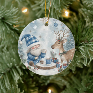 Blue Christmas Gnome  Ceramic Ornament