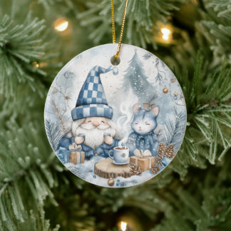 Blue Christmas Gnome  Ceramic Ornament