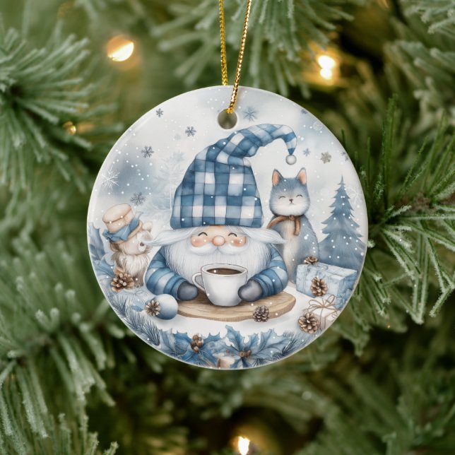 Blue Christmas Gnome  Ceramic Ornament (Tree)