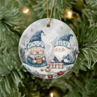 Blue Christmas Gnome  Ceramic Ornament