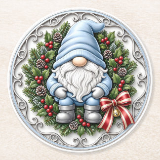 Blue Christmas Gnome Round Paper Coaster