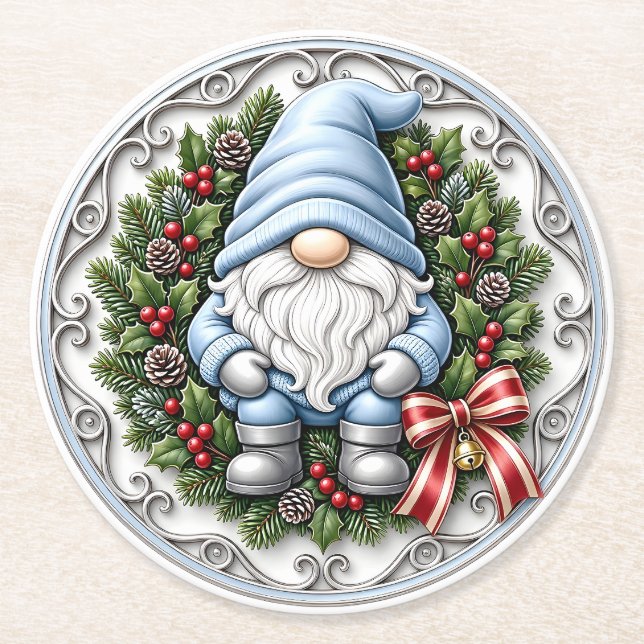 Blue Christmas Gnome Round Paper Coaster (Front)