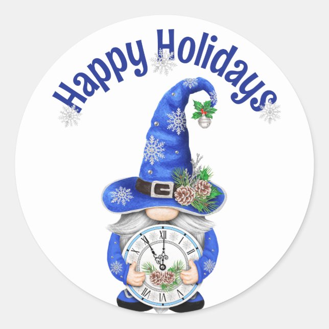 Blue Christmas Gnome with Clock Classic Round Sticker (Front)