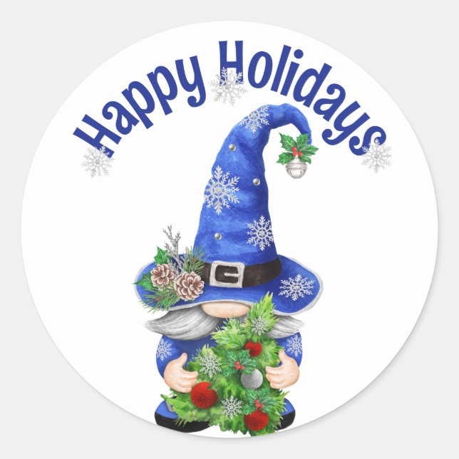 Blue Christmas Gnome with Tree Classic Round Sticker (Front)