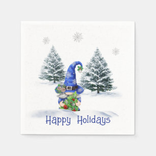 Blue Christmas Gnome with Tree Napkin