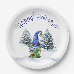 Blue Christmas Gnome with Tree  Paper Plate