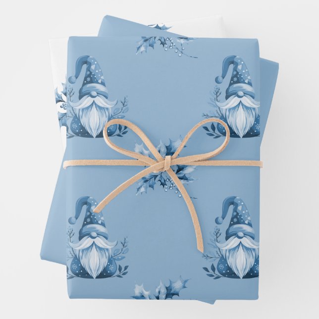 Blue Christmas Gnomes Wrapping Paper Sheet (In situ)