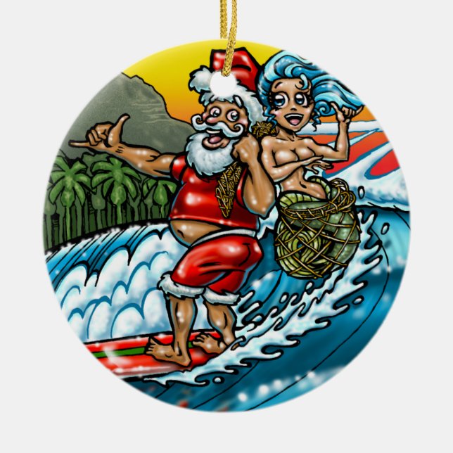 Blue Christmas Hawaiian Surfing Santa Illustration Ceramic Ornament (Front)