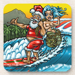 Blue Christmas Hawaiian Surfing Santa Illustration Coaster