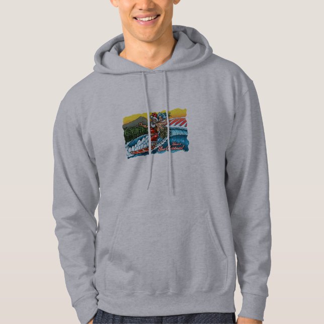 Blue Christmas Hawaiian Surfing Santa Illustration Hoodie (Front)