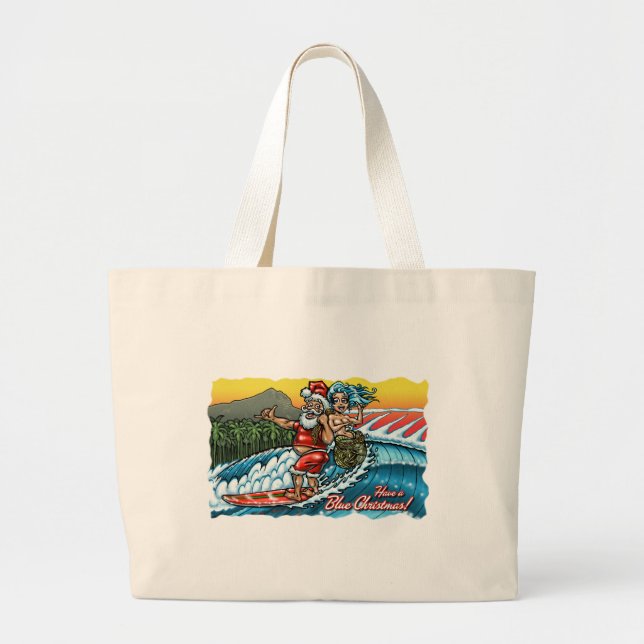 Blue Christmas Hawaiian Surfing Santa Illustration Large Tote Bag (Front)