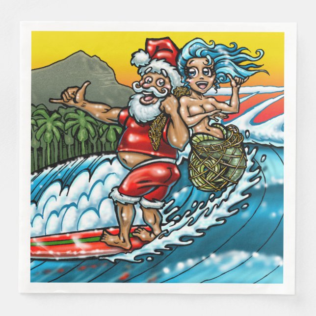 Blue Christmas Hawaiian Surfing Santa Illustration Napkin (Front)