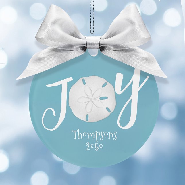 Blue Christmas Holiday Joie Photo Plage Sable Doll (Simple Joy Typography sand dollar turquoise blue Christmas Photo Ornament. )