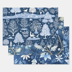 Blue Christmas Holiday Nature Woodland Winter  Wrapping Paper Sheet