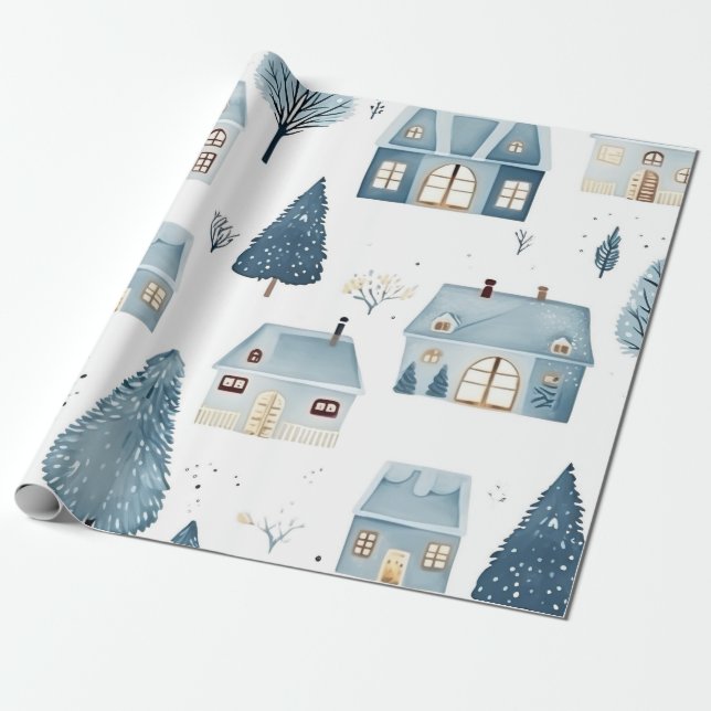 Blue Christmas House and Trees Wrapping Paper (Unrolled)