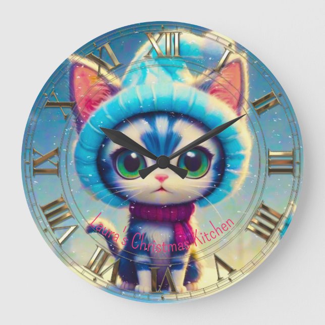 Blue Christmas Kitty Large Clock (Front)