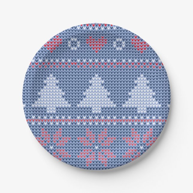 Blue Christmas knitting pattern Paper Plate (Front)