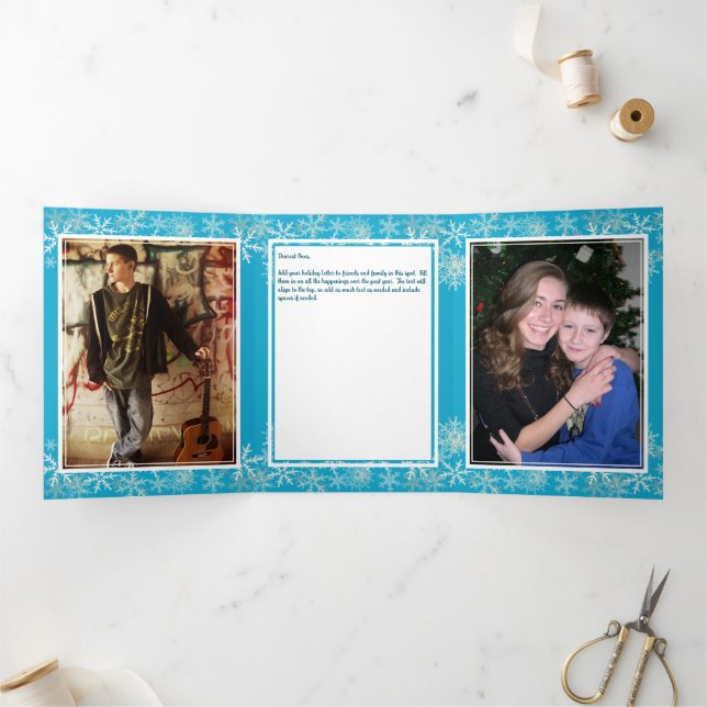 Blue Christmas Letter n Photos Tri-Fold Holiday Card (Inside)