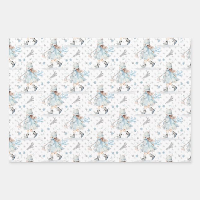 Blue Christmas Little Girl Wrapping Paper Sheet (Front)