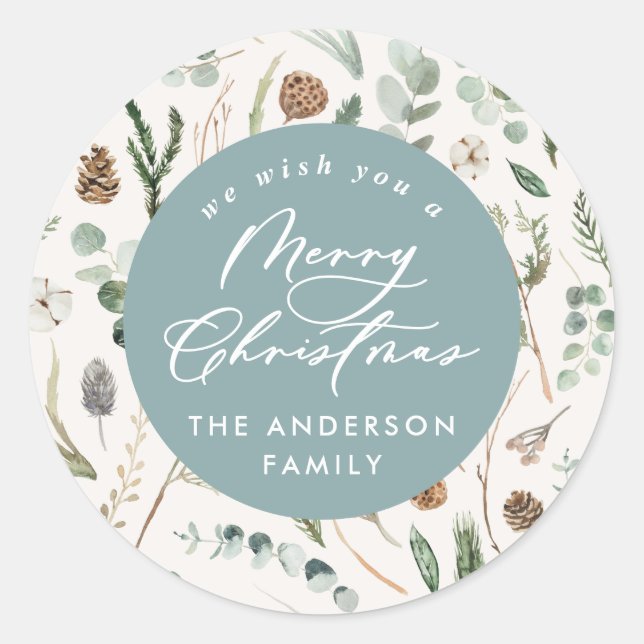 Blue Christmas minimal elegant botanical photo Classic Round Sticker (Front)