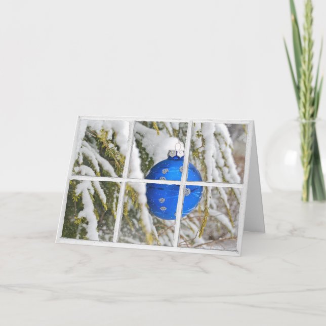 Blue Christmas Ornament In Window Card (Front)