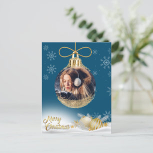 Blue Christmas Ornament Photo Snowflakes Modern Holiday Postcard