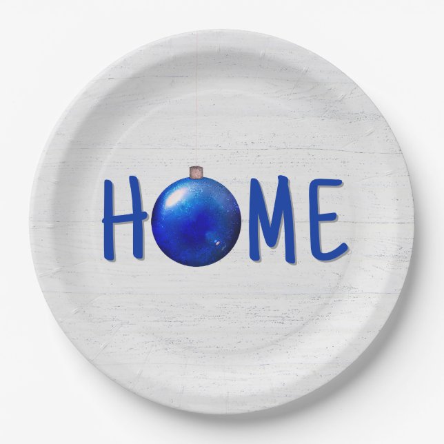 Blue Christmas Ornament With Home Text Paper Plate (Front)