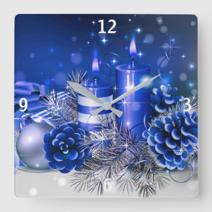 Blue Christmas Ornaments and Candles Square Wall Clock