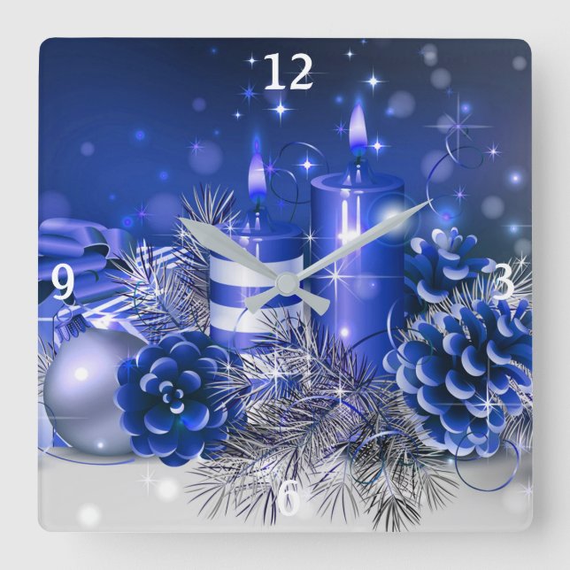 Blue Christmas Ornaments and Candles Square Wall Clock (Front)