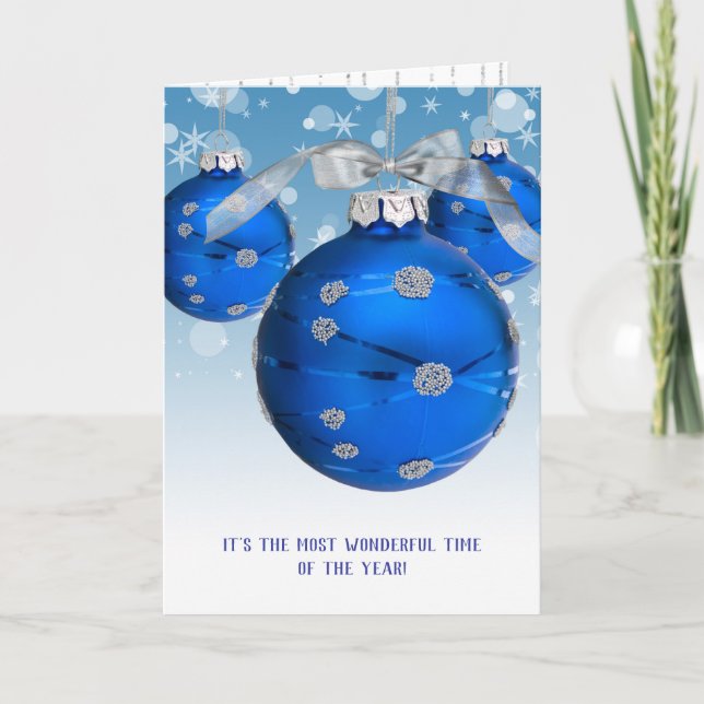 blue Christmas ornaments and snowflakes Holiday Card (Front)