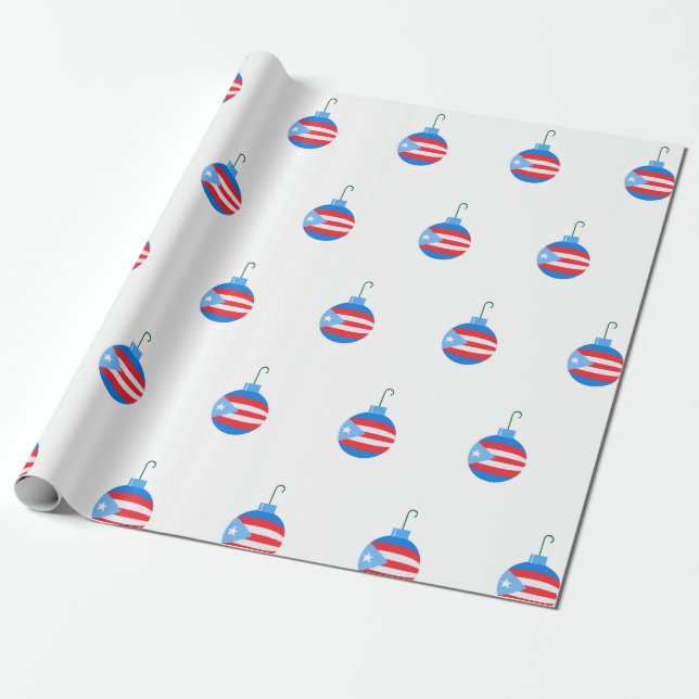Blue Christmas Ornaments with the Puerto Rico Flag Wrapping Paper (Unrolled)
