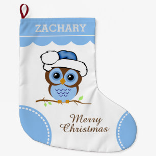 Blue Christmas Owl Large Christmas Stocking
