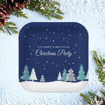 Blue Christmas Party Winter Trees Custom Dessert Paper Plate<br><div class="desc">Beautiful midnight blue sky with Christmas fir trees decorate this pretty,  custom Christmas party paper plate for desserts. Snow lines the lovely forest and white snowflakes sprinkle down in the night air. Personalize this pretty decor for a holiday gathering.</div>