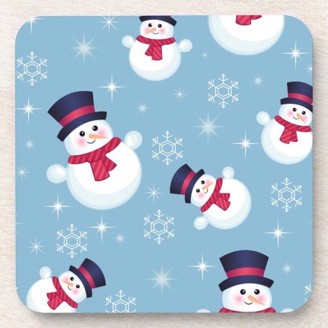 Blue Christmas Pattern With Snowmen And Snowflakes Coaster (Front)