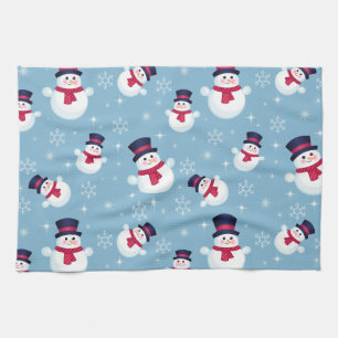 Blue Christmas Pattern With Snowmen And Snowflakes Kitchen Towel