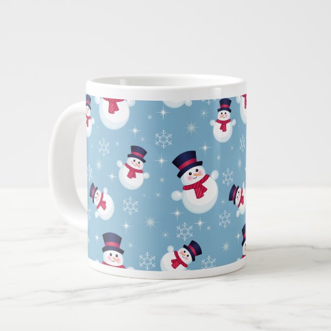 Blue Christmas Pattern With Snowmen And Snowflakes Large Coffee Mug (Front Left)