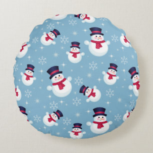 Blue Christmas Pattern With Snowmen And Snowflakes Round Pillow