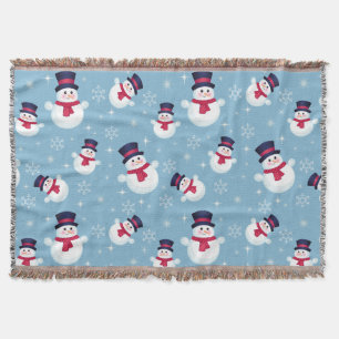 Blue Christmas Pattern With Snowmen And Snowflakes Throw Blanket