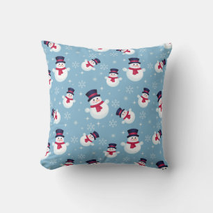 Blue Christmas Pattern With Snowmen And Snowflakes Throw Pillow