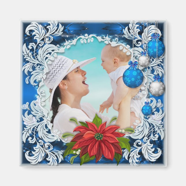 Blue Christmas Photo Frame Magnet (Front)